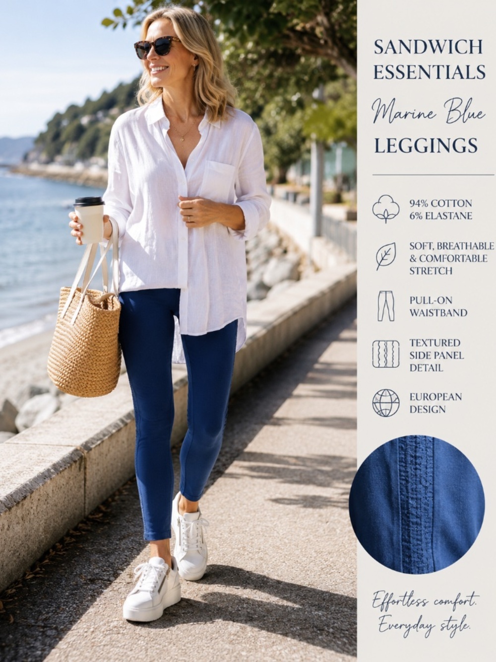 NWT Sandwich Essentials Marine Blue Cotton Blend Leggings Size M | Soft Stretch